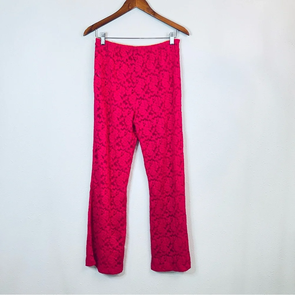Free People All Day Lace Women’s Fuchsia Sheer Flare Coquette Pants Sz L NEW